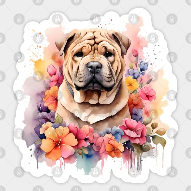 A shar pei decorated with beautiful watercolor flowers Sticker by CreativeSparkzz